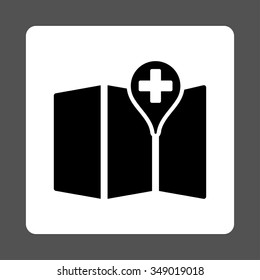 Medical Map vector icon. Style is flat rounded square button, black and white colors, gray background.
