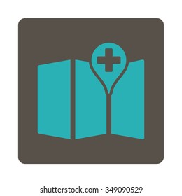 Medical Map vector icon. Style is flat rounded square button, cyan and grey colors, white background.