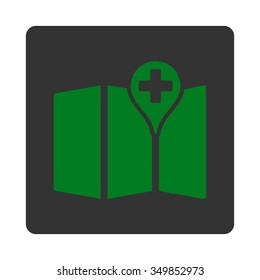 Medical Map vector icon. Style is flat rounded square button, green and gray colors, white background.