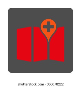 Medical Map vector icon. Style is flat rounded square silver button with red symbol, white background.