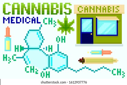 Medical marijuana. Computer pixel game, formula Cannabis organic hemp. vector set for design