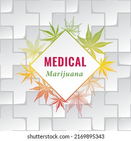 Medical Marijuana Concept As Lozenge Shape Cannabis Leaves Composition With Logo Lettering Over Repeating Cross Backdrop - Green Red And Yellow On Light Background - Vector Hand Drawn Design