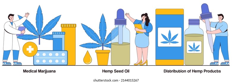 Medical Marijuana, Hemp Seed Oil, Distribution Of Hemp Products Concepts With People Characters. Medical Cannabis Illustration Pack. Cancer Pain Relief, Sativa Plant Pharmacy, CBD Oil Use Metaphor.