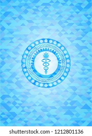 medical marijuana icon inside light blue emblem with mosaic ecological style background