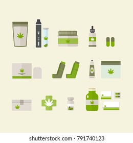 Medical Marijuana Icons: Pills, Rx Bottles And Other Medicinal Cannabis Symbols. Vector Illustration.