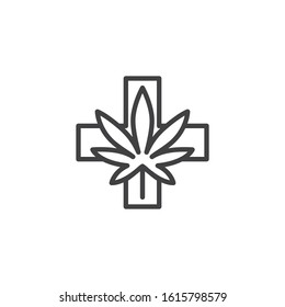 Medical Marijuana Line Icon. Linear Style Sign For Mobile Concept And Web Design. Cannabis Leaf With Medical Cross Outline Vector Icon. Drug Store Symbol, Logo Illustration. Vector Graphics