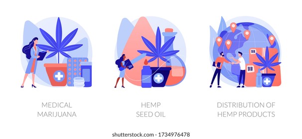 Medical marijuana metaphors. Hemp seed oil, distribution of cannabis products, herbal medications. Cannabidiol acid drug. Weed for medical use. Vector isolated concept metaphor illustrations.