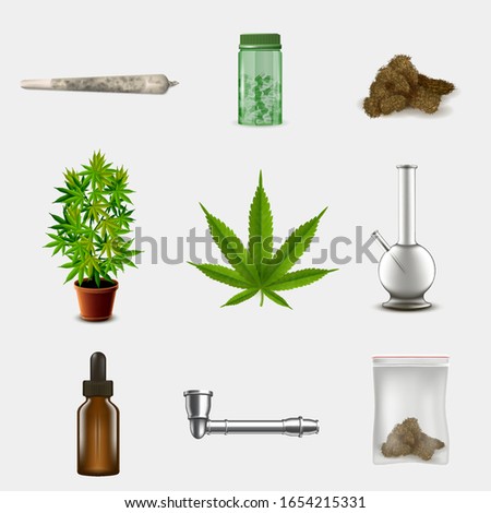 Medical marijuana objects set. Realistic bong, cannabis leaf, smoking joint and oil. Realistic vector illustration.
