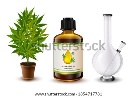 Medical marijuana objects set. Realistic bong, cannabis leaf, smoking joint and oil. Realistic vector illustration.