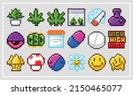 Medical marijuana pixel art style nft cbd weed icons set.
