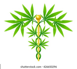 A Medical Marijuana Plant Caduceus Concept Symbol With Cannabis Plant With Leaves Intertwined Around A Rod 