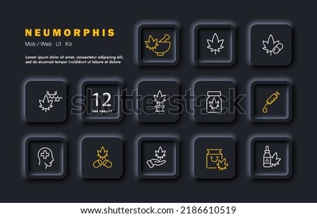 Medical marijuana set icon. Leaf, mortar, pestle, pills, chemistry, jar, injection syringe, cross, hand, package, drops, prescription, treat. Healthcare concept. Neomorphism style. Vector line icon.