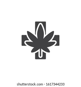 Medical marijuana vector icon. filled flat sign for mobile concept and web design. Cannabis leaf with medical cross glyph icon. Drug store symbol, logo illustration. Vector graphics