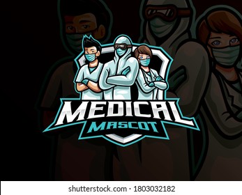 Medical mascot esport logo design. Medical team mascot vector illustration logo. Front line health mascot design, Emblem design for esports team. Vector illustration