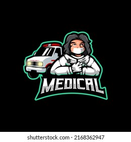 Medical mascot logo design illustration vector. A female nurse or doctor holding a syringe, wearing a mask and an ambulance beside her