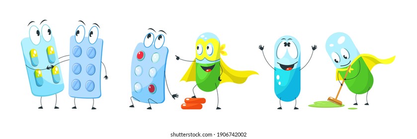 Сute medical mascot pills character. Capsules, tablets in blister, pill, drugs smiling, juggling, running, reflecting viruses and bacteria, meeting. Pills superheroes in cloaks masks cartoon vector