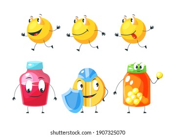 Сute medical mascot pills character. Capsules, tablets in blister, drugs smiling. Yellow pills running, potion protect against viruses, bacteria. Pills superheroes in cloaks masks cartoon vector