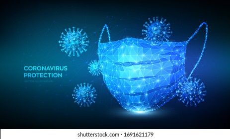 Medical mask. Abstract low polygonal protective medical face mask and virus cells. Stop Coronavirus 2019-nCoV outbreak. No infection and stop the COVID-19 pandemic medical concept. Vector illustration