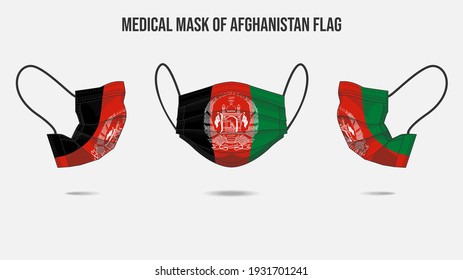 Medical mask from Afghanistan flag. Medical mask design from front side, right side and left side. Vector illustration of medical face mask to protect from Novel corona virus CoVid-19.