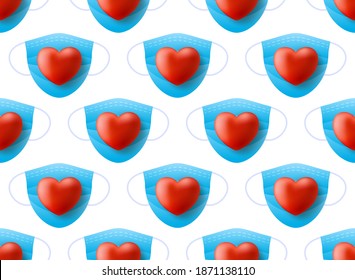 Medical mask against a virus with realistic red heart on a white background. Happy valentine day Seamless pattern vector illustration