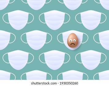 Medical mask against a virus with realistic brown sad emoji easter egg on a green background. Happy easter Seamless pattern vector illustration