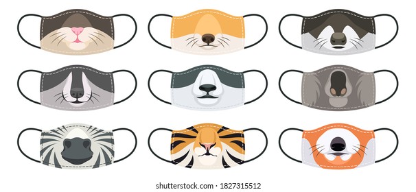 Máscara médica con caras de animales. Mascarillas bucales reutilizables divertidas con varios diseños animales salvajes y domésticos, ropa para niños y adultos con la protección social del virus Covid-19 impreso, conjunto aislado del vector de dibujos animados