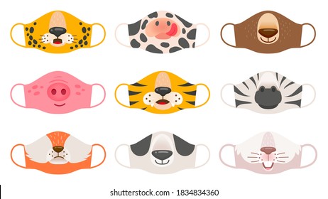 Máscara médica con caras de animales. Tigre, cerdo y cebra, oso y conejo, niños de zorro y vaca covid-19 mascarillas protectoras conjunto vectorial. Máscara de protección animal frente a la ilustración de coronavirus