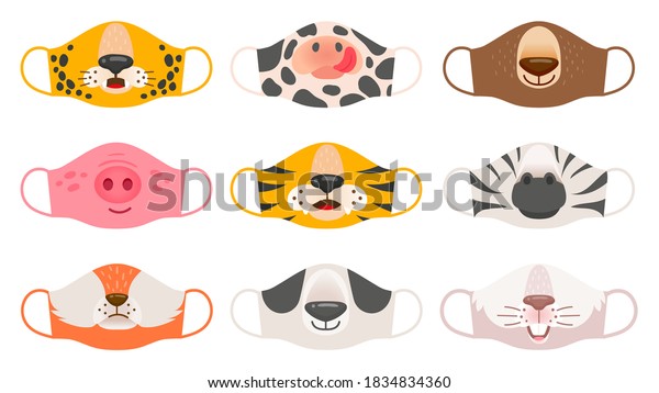 Medical\
mask with animals faces. Tiger, pig and zebra, bear and rabbit, fox\
and cow kids covid-19 protective masks vector set. Face animal\
protection mask against coronavirus\
illustration