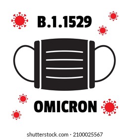 Medical Mask with B.1.1529 Omicron Virus Icons. Variant of Concern, New Covid-19 Strain, Coronavirus with Spike Protein Mutations, B11529 corona virus symbol