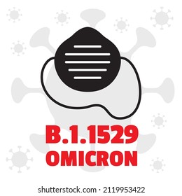 Medical Mask with B.1.1529 Omicron Virus Icons. Variant of Concern, New Covid-19 Strain, Coronavirus with Spike Protein Mutations, B11529 corona virus symbol