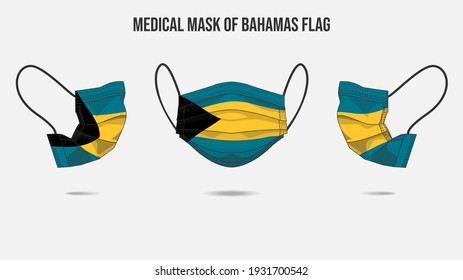 Medical mask from Bahamas flag. Medical mask design from front side, right side and left side. Vector illustration of medical face mask to protect from Novel corona virus CoVid-19.