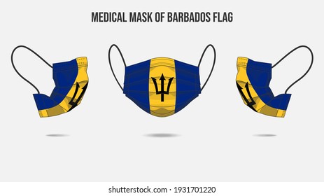 Medical mask from Barbados flag. Medical mask design from front side, right side and left side. Vector illustration of medical face mask to protect from Novel corona virus CoVid-19.