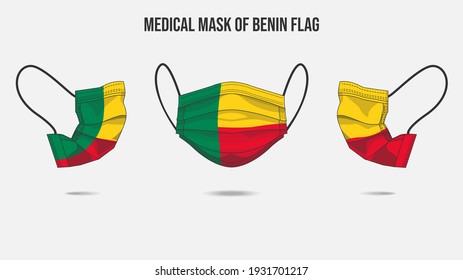 Medical mask from Benin flag. Medical mask design from front side, right side and left side. Vector illustration of medical face mask to protect from Novel corona virus CoVid-19.