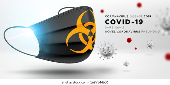 Medical mask with biohazard symbol, detailed realistic surgical mask. Hygiene protective air filter to protect COVID19 virus pollution. Eps10 vector illustration