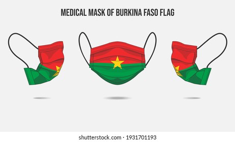 Medical mask from Burkina Faso flag. Medical mask design from front side, right side and left side. Vector illustration of medical face mask to protect from Novel corona virus CoVid-19.