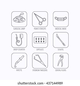 Medical mask, capsules and dental pliers icons. Surgical lamp, scalpel and drop counter linear signs. Tweezers, pipette and forceps flat line icons. Flat linear icons in squares on white background.