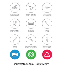 Medical mask, capsules and dental pliers icons. Surgical lamp, scalpel and drop counter linear signs. Tweezers, pipette and forceps flat line icons. Vector