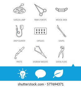 Medical mask, capsules and dental pliers icons. Surgical lamp, scalpel and drop counter linear signs. Tweezers, pipette and forceps flat line icons. Light bulb, speech bubble and leaf web icons