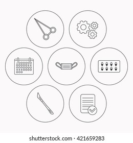 Medical mask, capsules and scalpel icons. Peans forceps linear sign. Check file, calendar and cogwheel icons. Vector