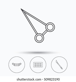 Medical mask, capsules and scalpel icons. Peans forceps linear sign. Linear icons in circle buttons. Flat web symbols. Vector