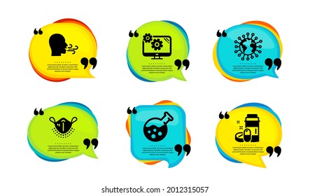 Medical mask, Chemistry lab and Breathing exercise icons simple set. Speech bubble with quotes. Coronavirus, Settings and Medical drugs signs. Respirator, Laboratory, Breath. Vector