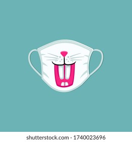 Medical mask for children with happy cartoon bunny nose and mouth with big teeth - cute animal smile print on safety face mask from coronavirus. Vector illustration.