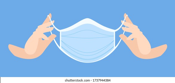 Medical mask in clean hands. Protective medical face mask against viruses and bacteria. sanitize hands, put on a mask. medical care.  professional medical accessories. Vector flat illustration.