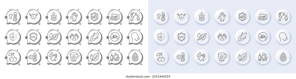 Medical mask, Coffee and Cough line icons. White pin 3d buttons, chat bubbles icons. Pack of Corn, Gluten free, Uv protection icon. Vector