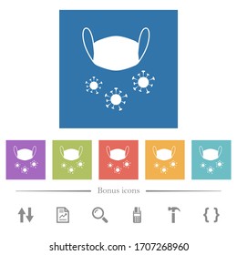 Medical mask and corona viruses flat white icons in square backgrounds. 6 bonus icons included.