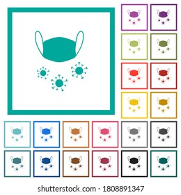 Medical mask and corona viruses flat color icons with quadrant frames on white background