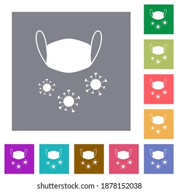 Medical mask and corona viruses flat icons on simple color square backgrounds