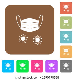 Medical mask and corona viruses flat icons on rounded square vivid color backgrounds.