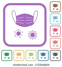 Medical mask and corona viruses simple icons in color rounded square frames on white background