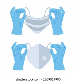 Medical mask. Coronavirus Prevention. Protective medical face mask against viruses and bacteria. Vector illustration flat design. Isolated on white background. Hands in rubber gloves.